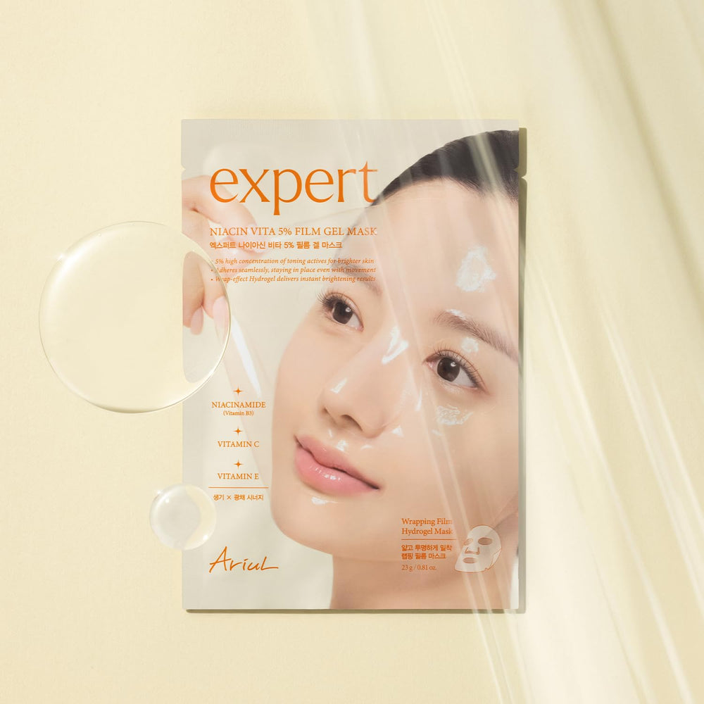 Ariul Niacin Vita 5% gel mask on face showing even-toned look