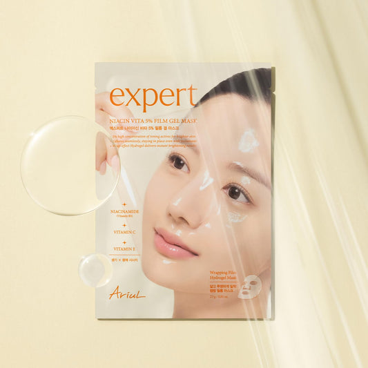 Ariul Niacin Vita 5% gel mask on face showing even-toned look