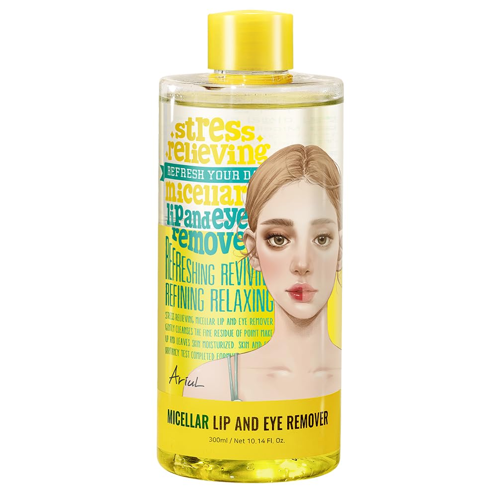 Ariul Stress Relieving Micellar Lip & Eye Remover bottle front shows gentle cleansing.
