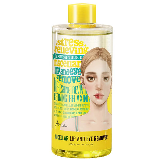 Ariul Stress Relieving Micellar Lip & Eye Remover bottle front shows gentle cleansing.