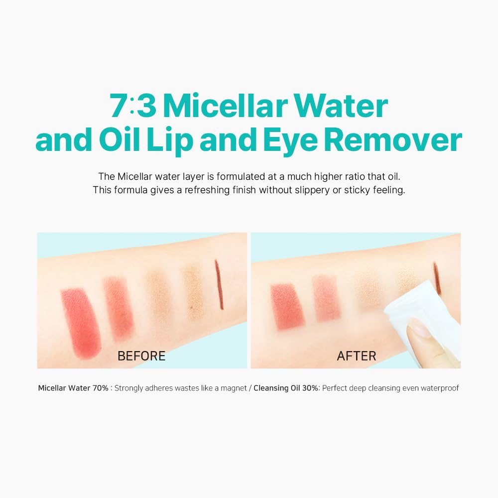 Ariul Stress Relieving Micellar Lip & Eye Remover cotton pad removal demonstrates makeup lifting.