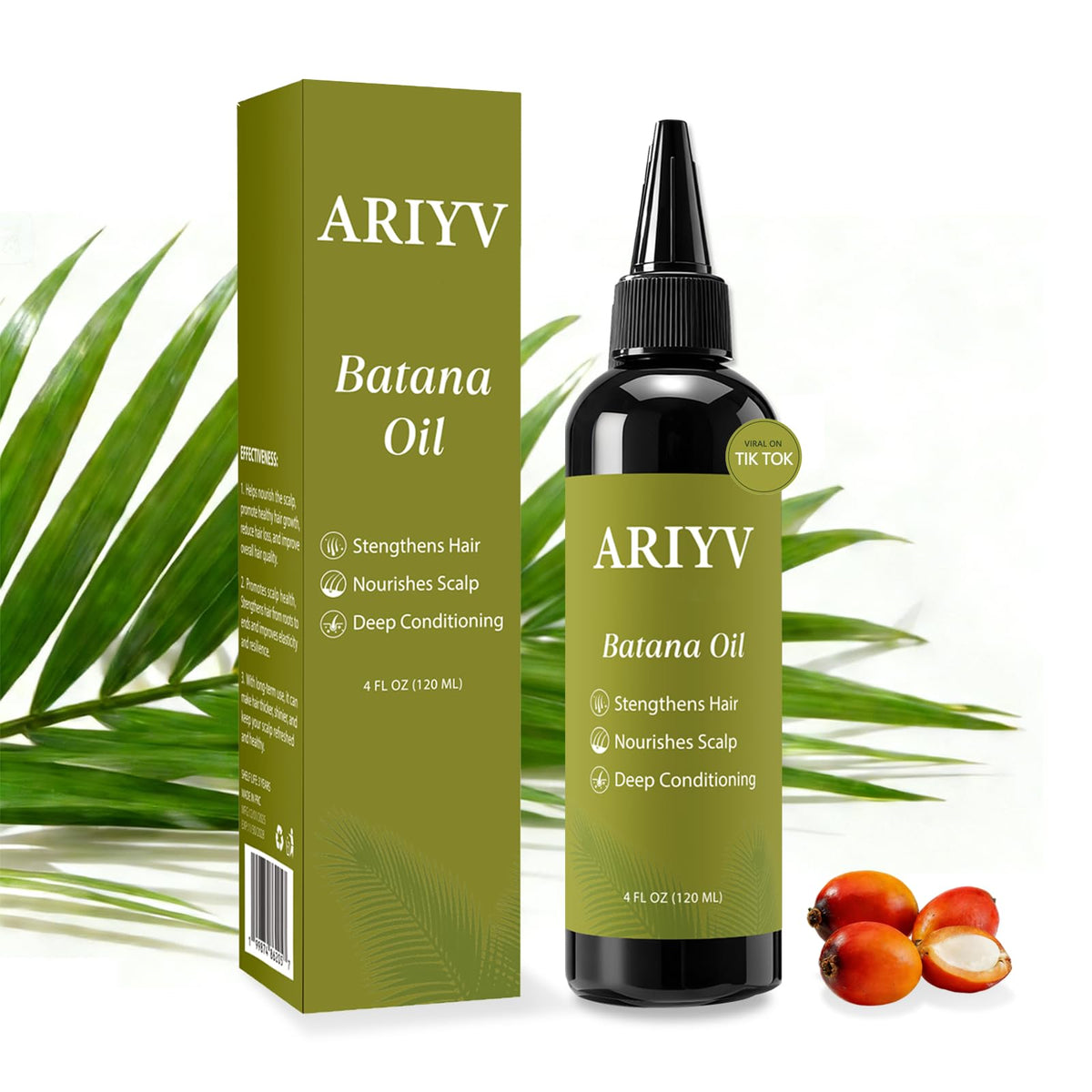 Ariyv Batana Oil bottle with droplets for nourishing scalp.