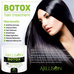 Arllison Botox Hair Treatment bottle closeup, formaldehyde-free formula emphasis.