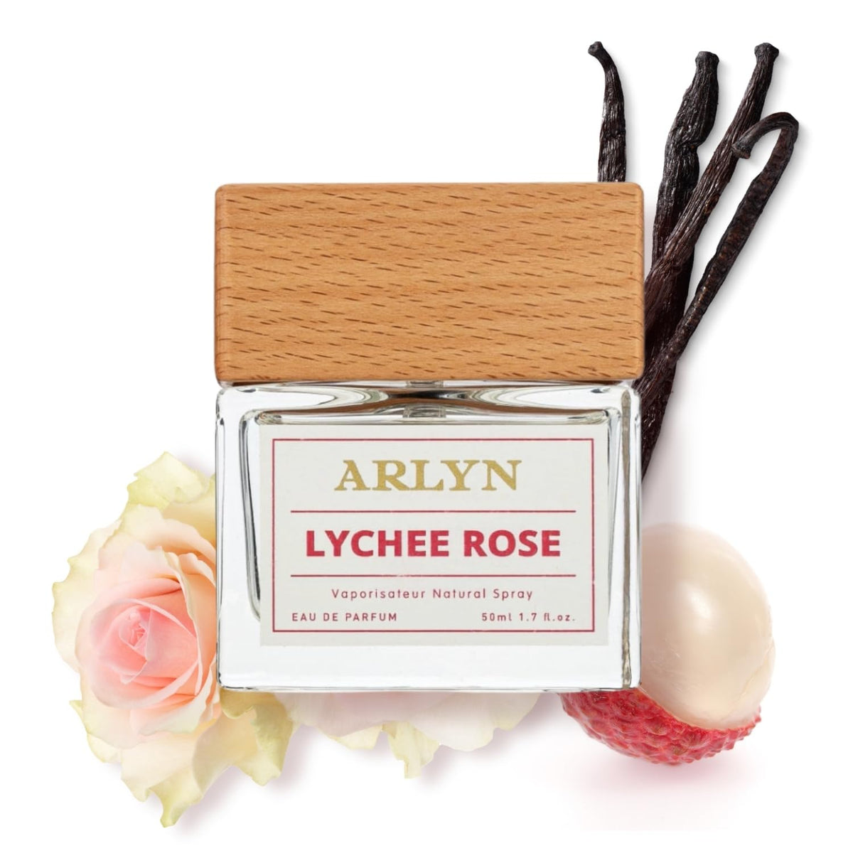 ARLYN Lychee Rose EDP bottle on display, suggesting a long-lasting floral trail.