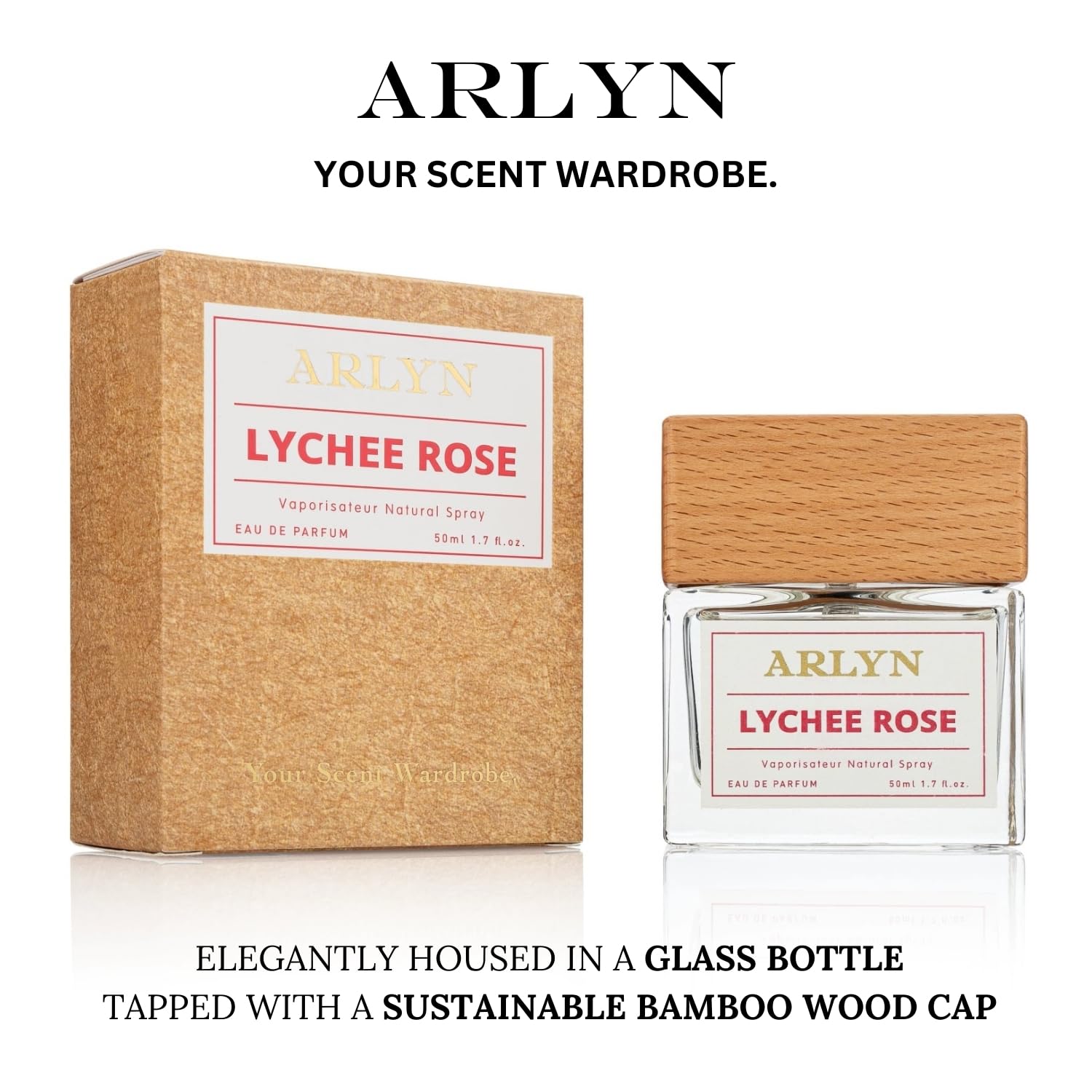ARLYN Lychee Rose packaging highlights vegan and eco-conscious styling.