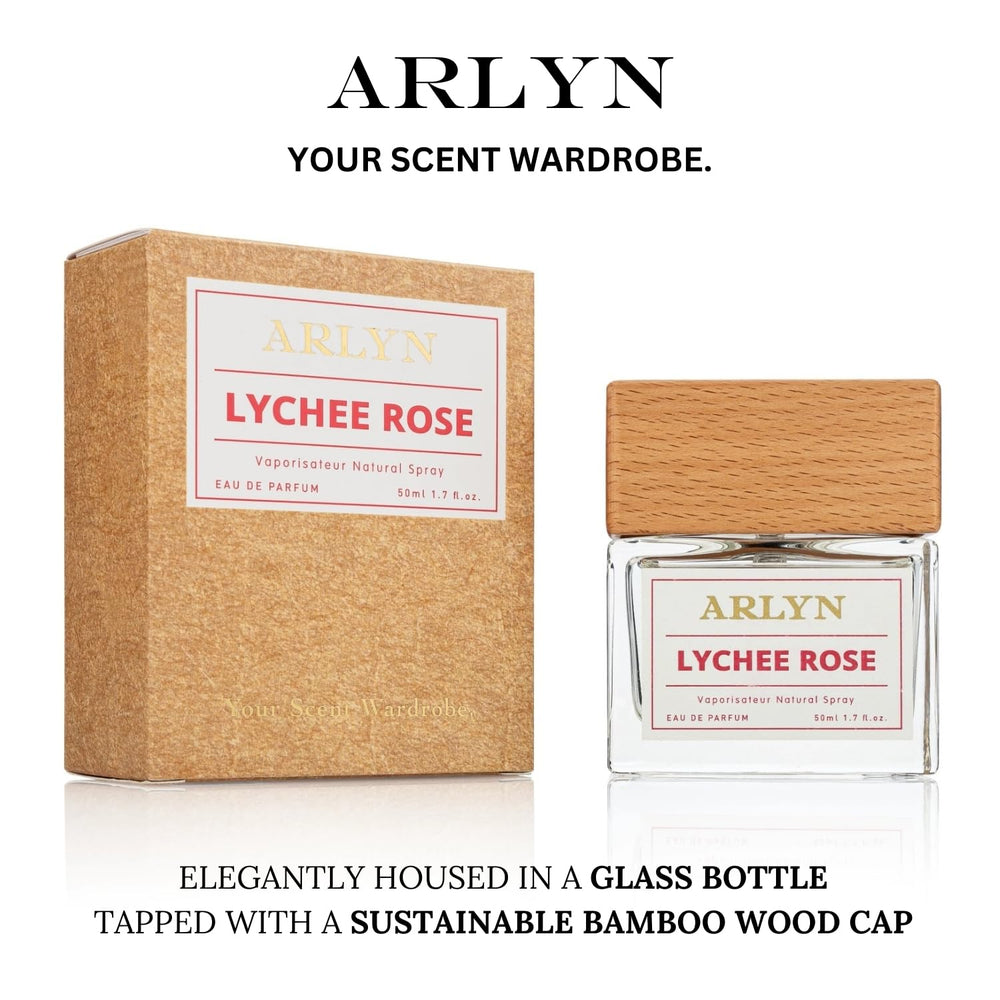 ARLYN Lychee Rose packaging highlights vegan and eco-conscious styling.