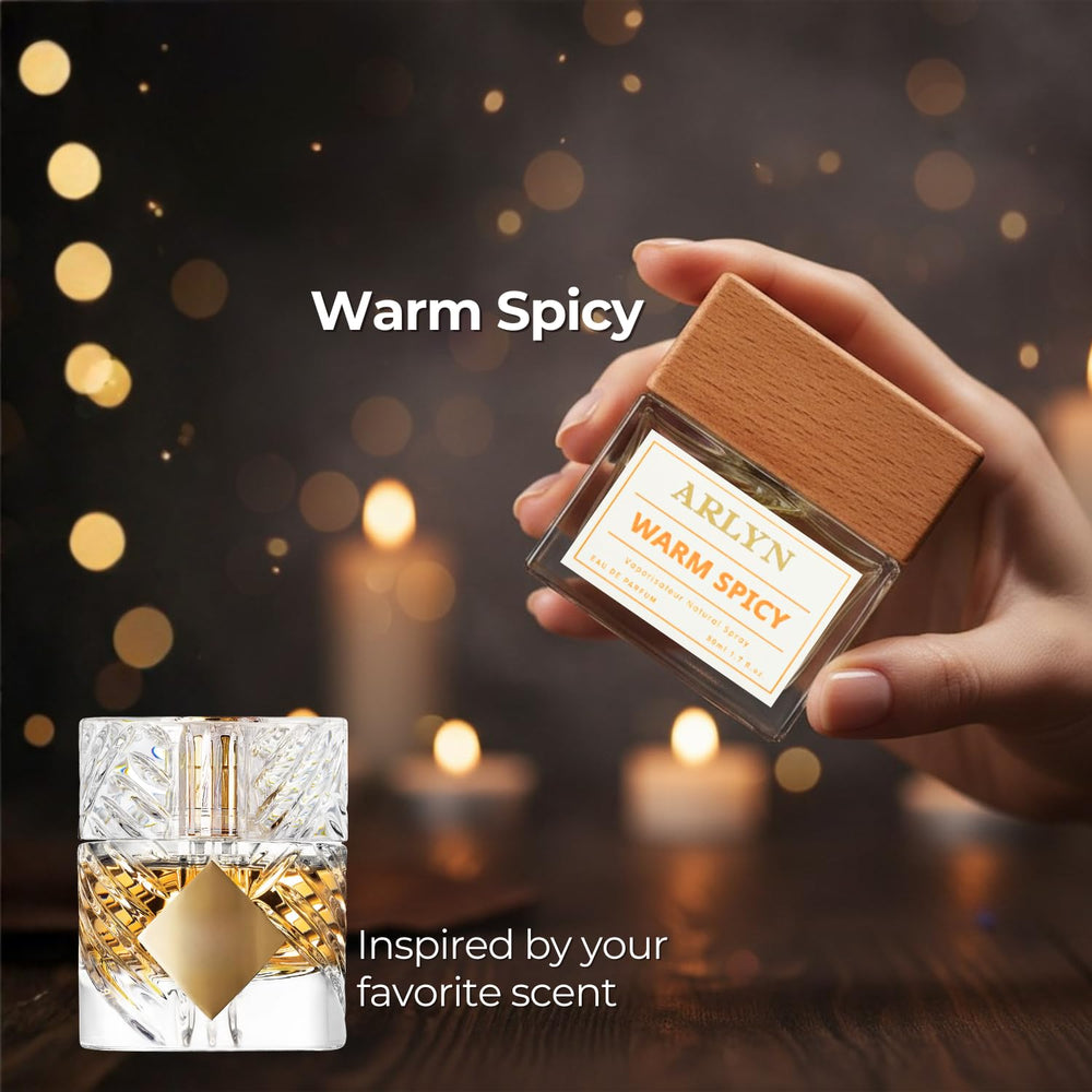 ARLYN Warm Spicy EDP bottle pouring, hints at long-lasting aroma.