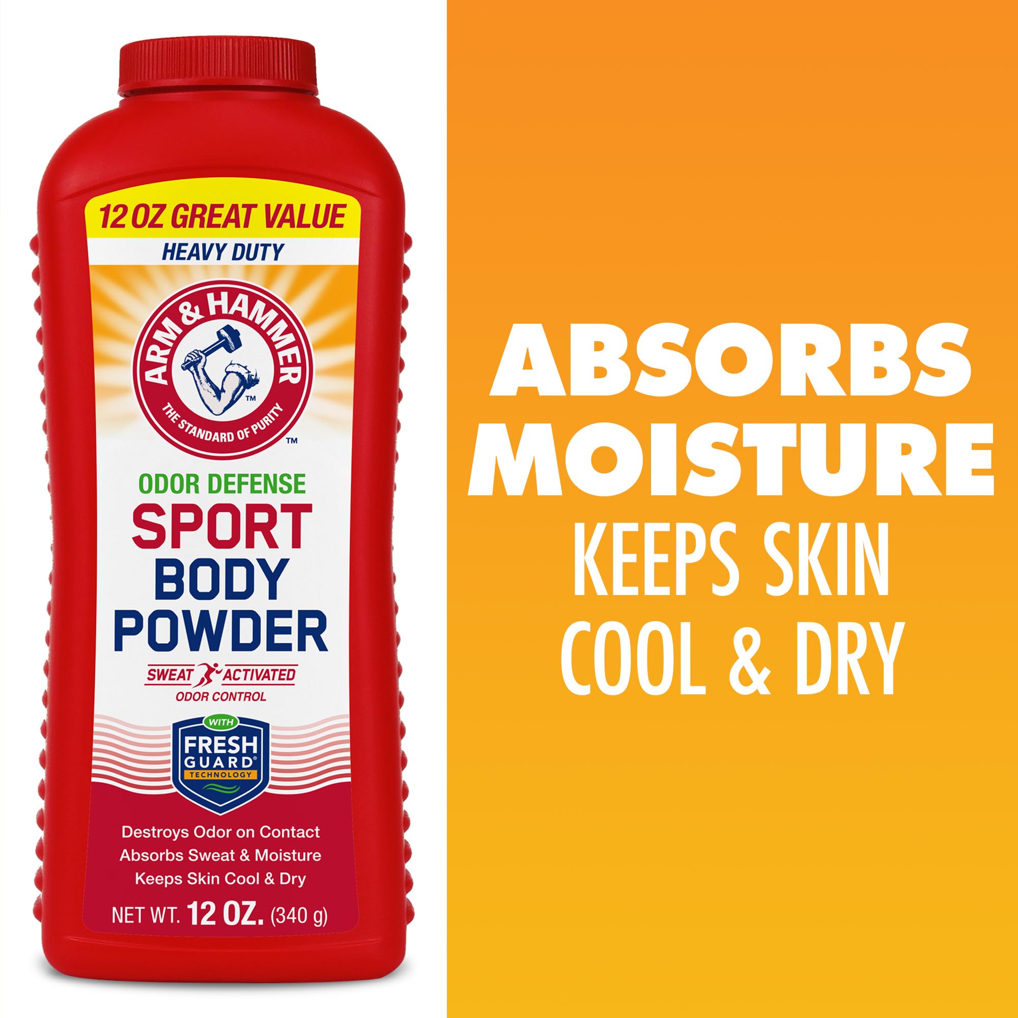 Texture close-up of Arm & Hammer Sport Body Powder highlighting a talc-free formula