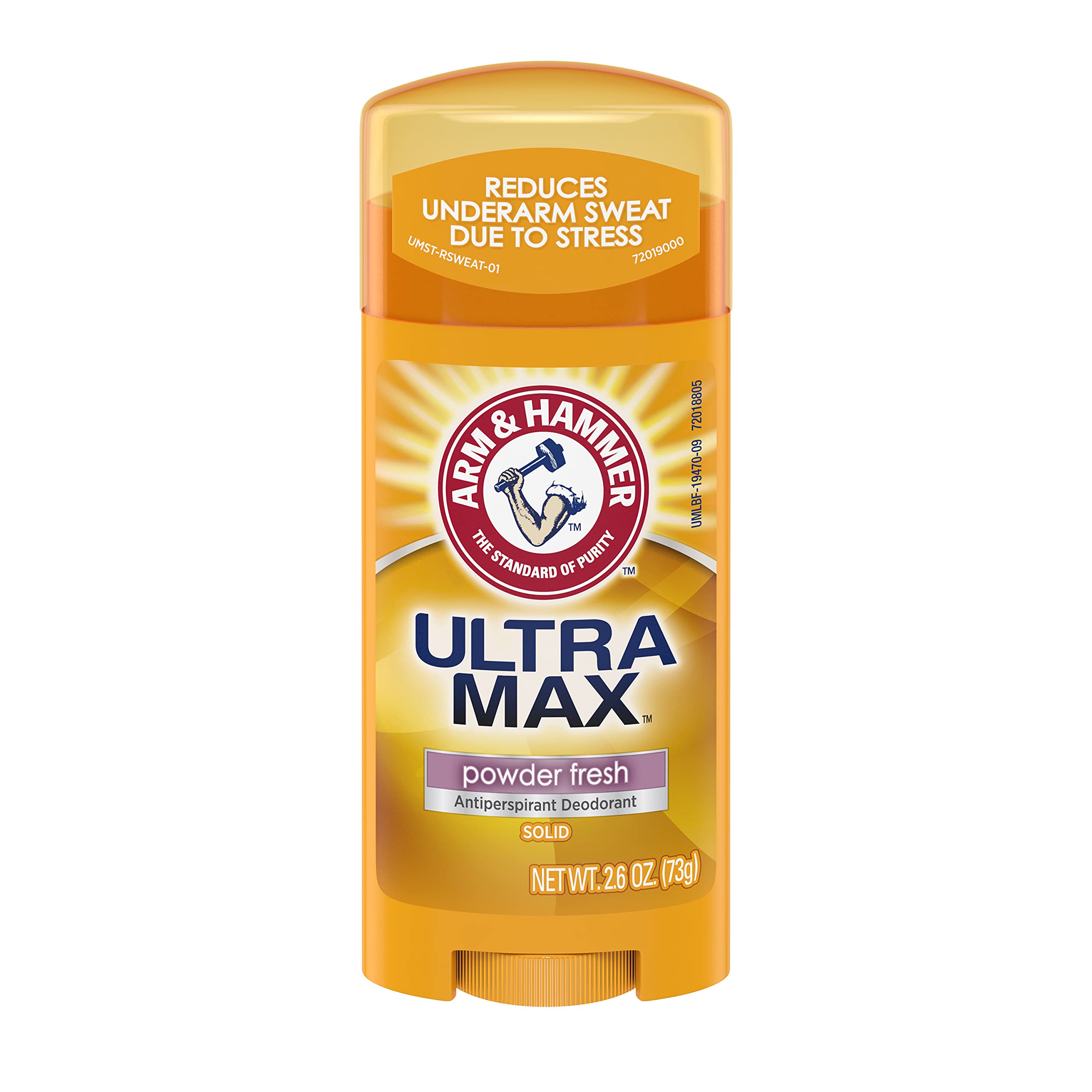 Arm & Hammer Ultramax antiperspirant solid Powder Fresh stick for all-day odor control.