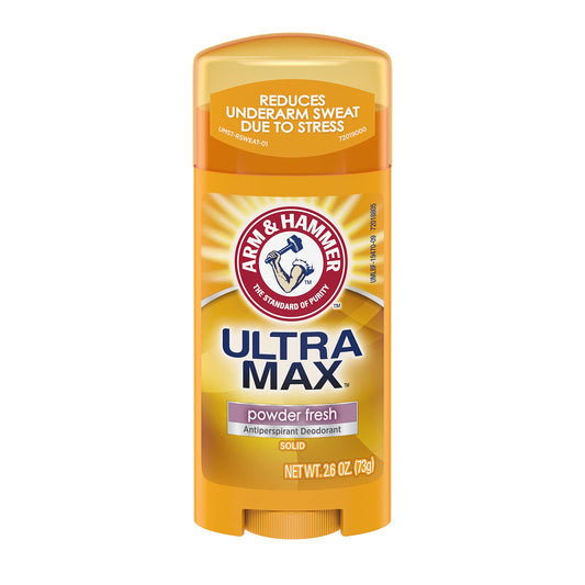 Arm & Hammer Ultramax antiperspirant solid Powder Fresh stick for all-day odor control.