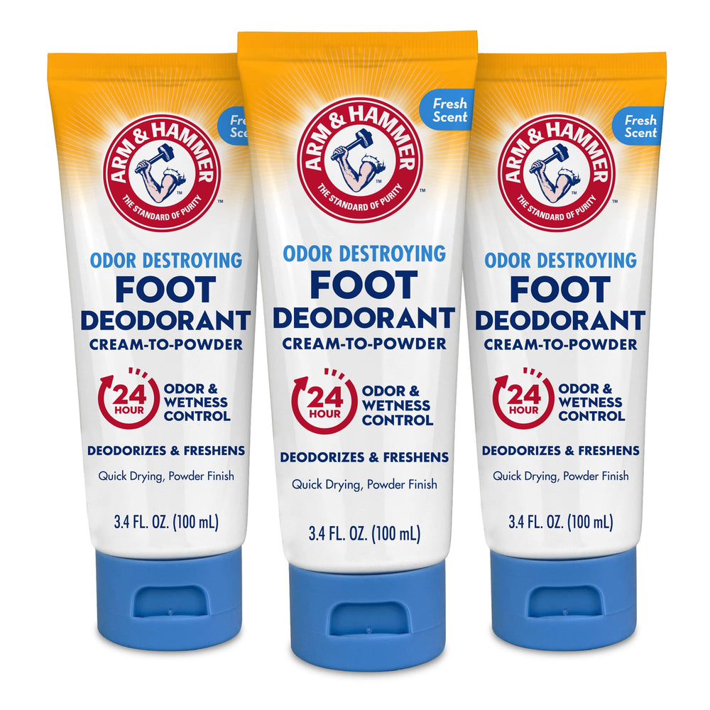Arm & Hammer cream-to-powder foot deodorant bottle for easy, long-lasting freshness.
