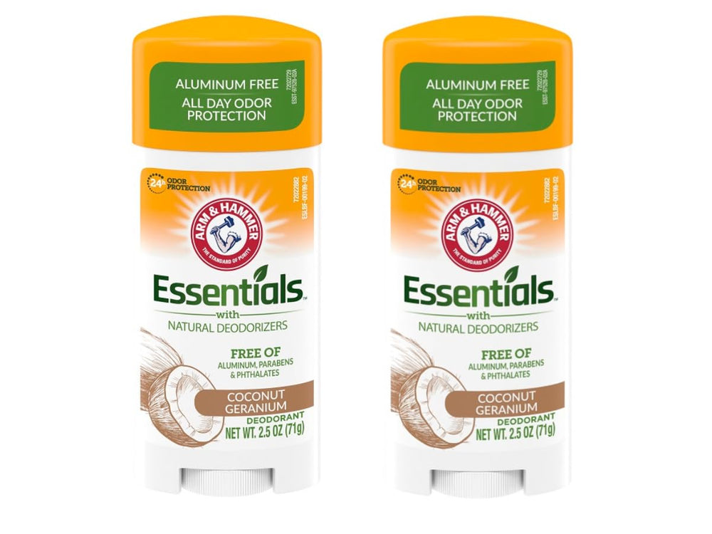 Arm and Hammer Essentials Coconut Geranium deodorant bottle with aluminum-free formula for daily freshness