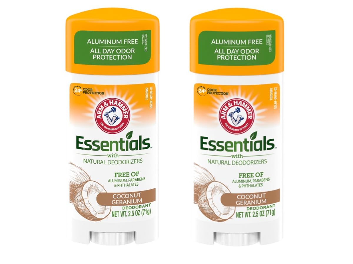 Arm and Hammer Essentials Coconut Geranium deodorant bottle with aluminum-free formula for daily freshness