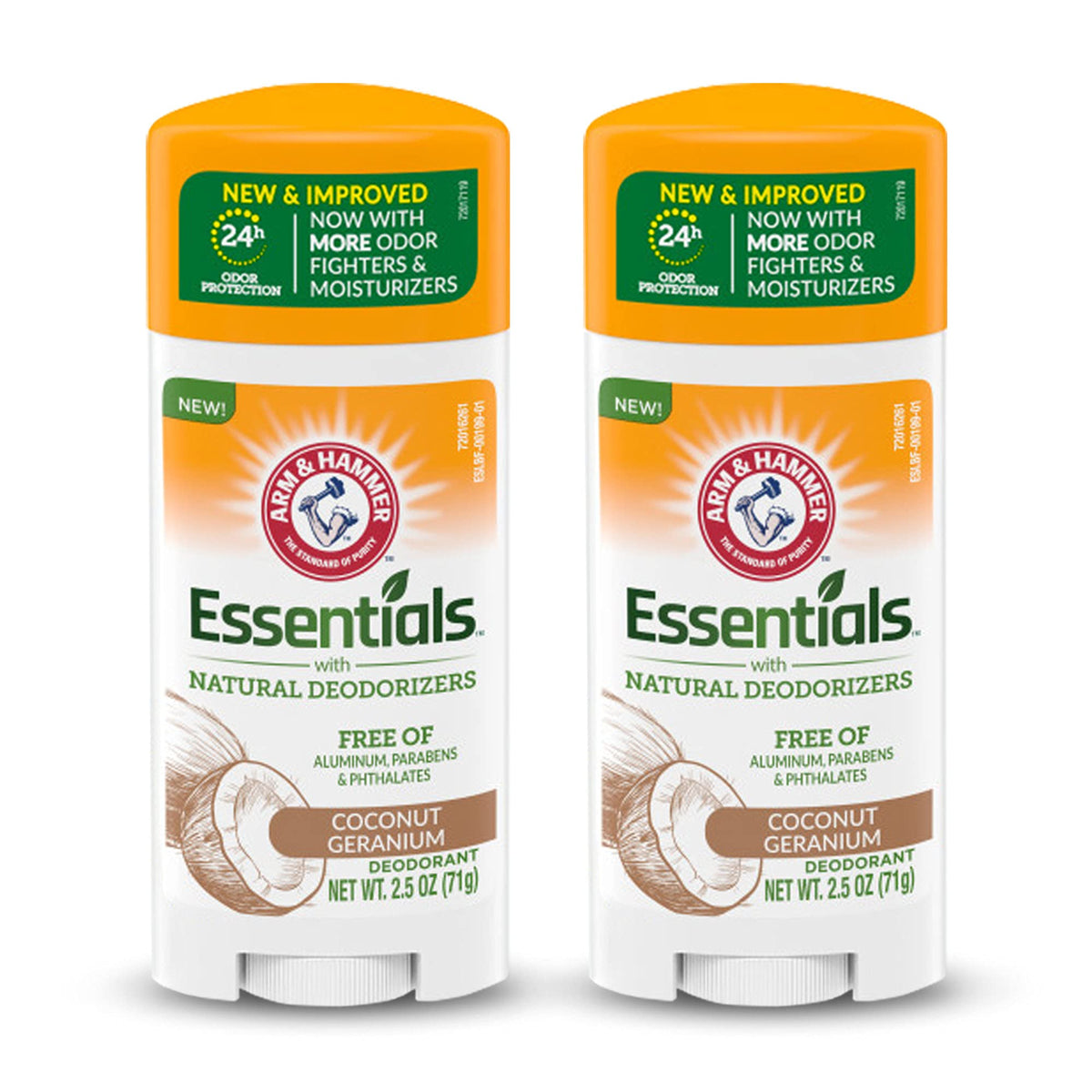 Arm and Hammer Essentials deodorant packaging highlights coconut geranium scent for daily freshness.