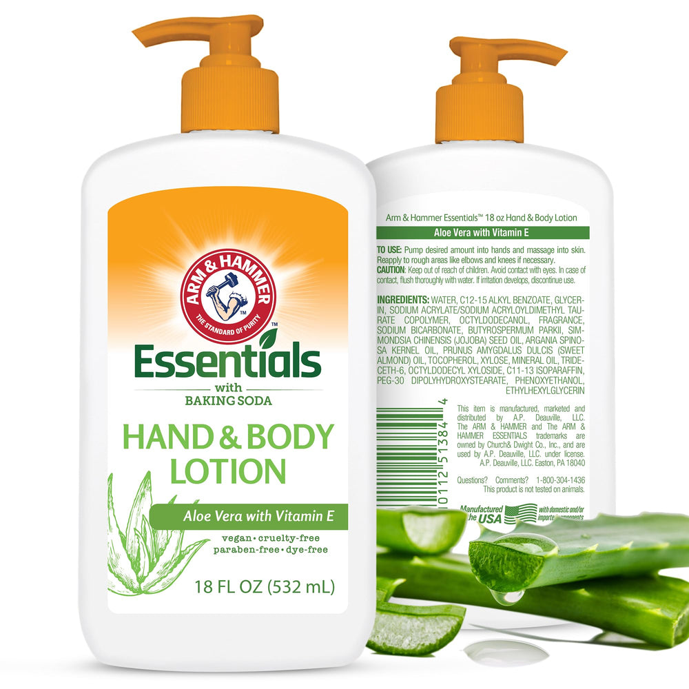 Arm and Hammer Essentials hand and body lotion bottle demonstrates lightweight hydration.