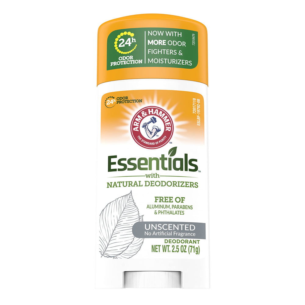 Arm & Hammer Essentials unscented deodorant pack8 back view highlighting ingredients