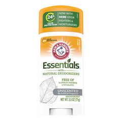 Arm and Hammer Essentials unscented deodorant three-pack box shown for convenient daily use.
