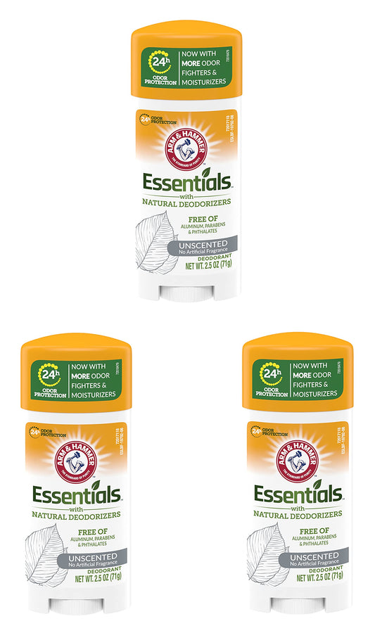 Arm and Hammer Essentials unscented deodorant stick in oval case for daily odor control.