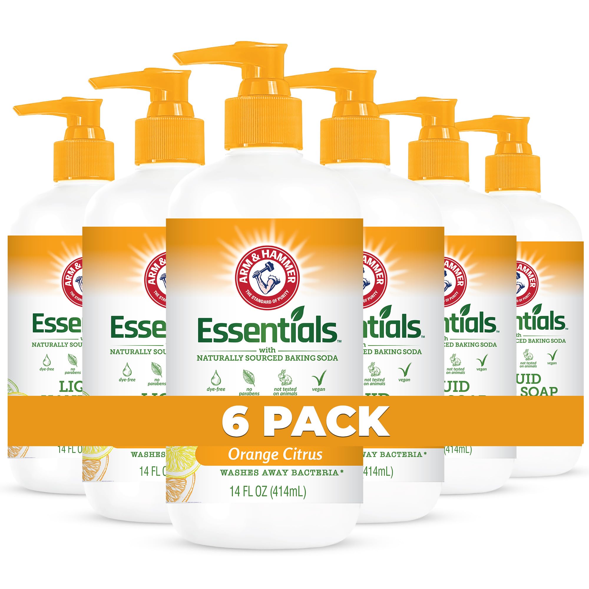 Arm & Hammer orange citrus liquid hand soap bottle on sink with refreshing fragrance.