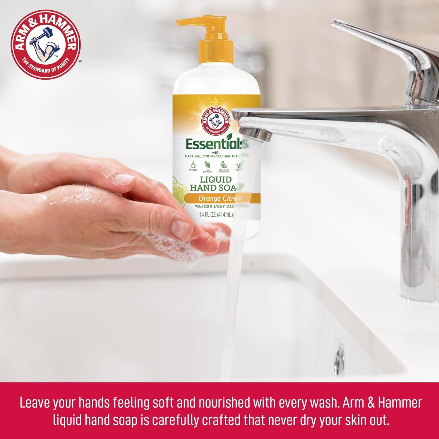 Arm & Hammer bottle with orange citrus slices evokes fresh kitchen and bathroom use.