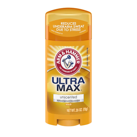 Arm & Hammer Ultramax unscented anti-perspirant stick offering long-lasting protection.
