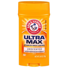 Arm & Hammer Ultramax invisible solid unscented antiperspirant for everyday wear with 48-hour protection.