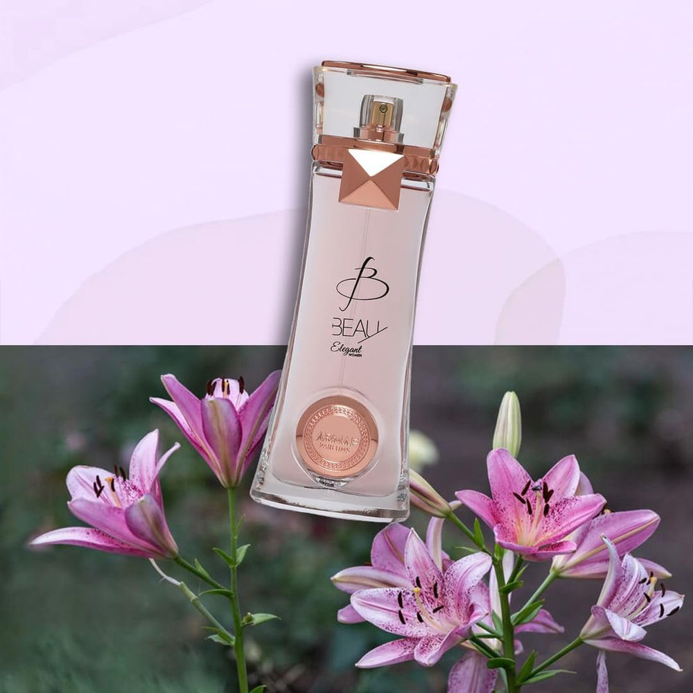 Armaf Beau Elegant on vanity with floral backdrop