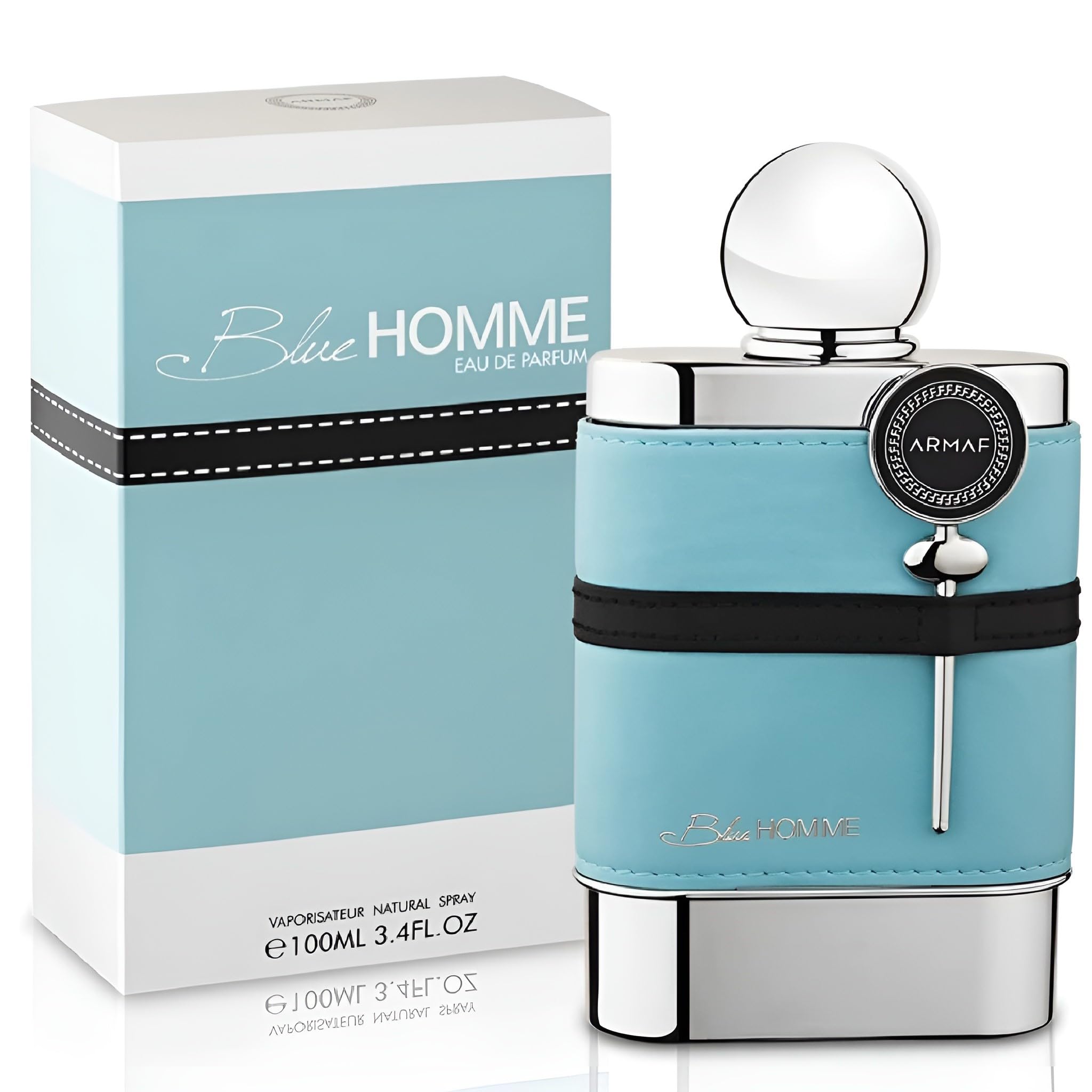 Armaf Blue Homme EDT bottle side view with a sleek masculine design.