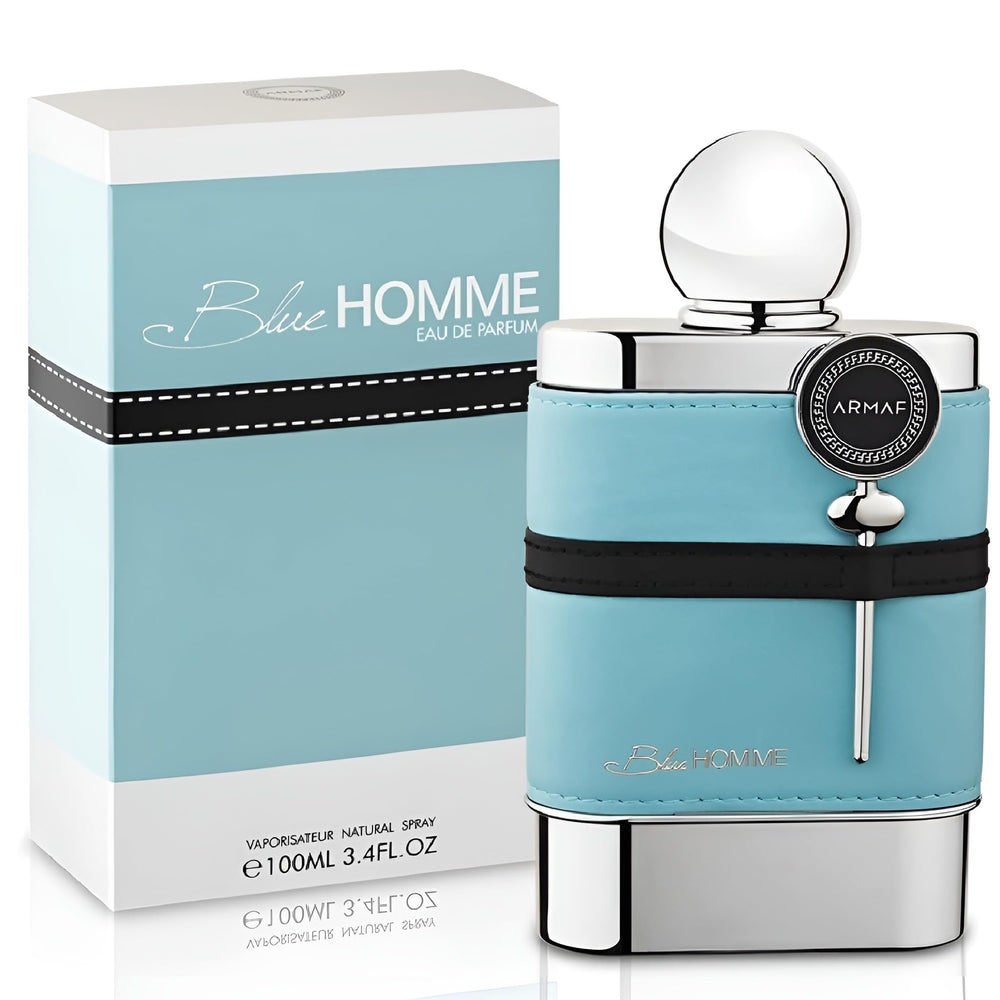 Armaf Blue Homme EDT bottle side view with a sleek masculine design.
