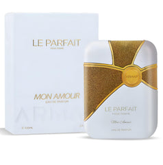 Armaf Le Parfait Mon Amour bottle close-up, highlights elegant design for gifting.