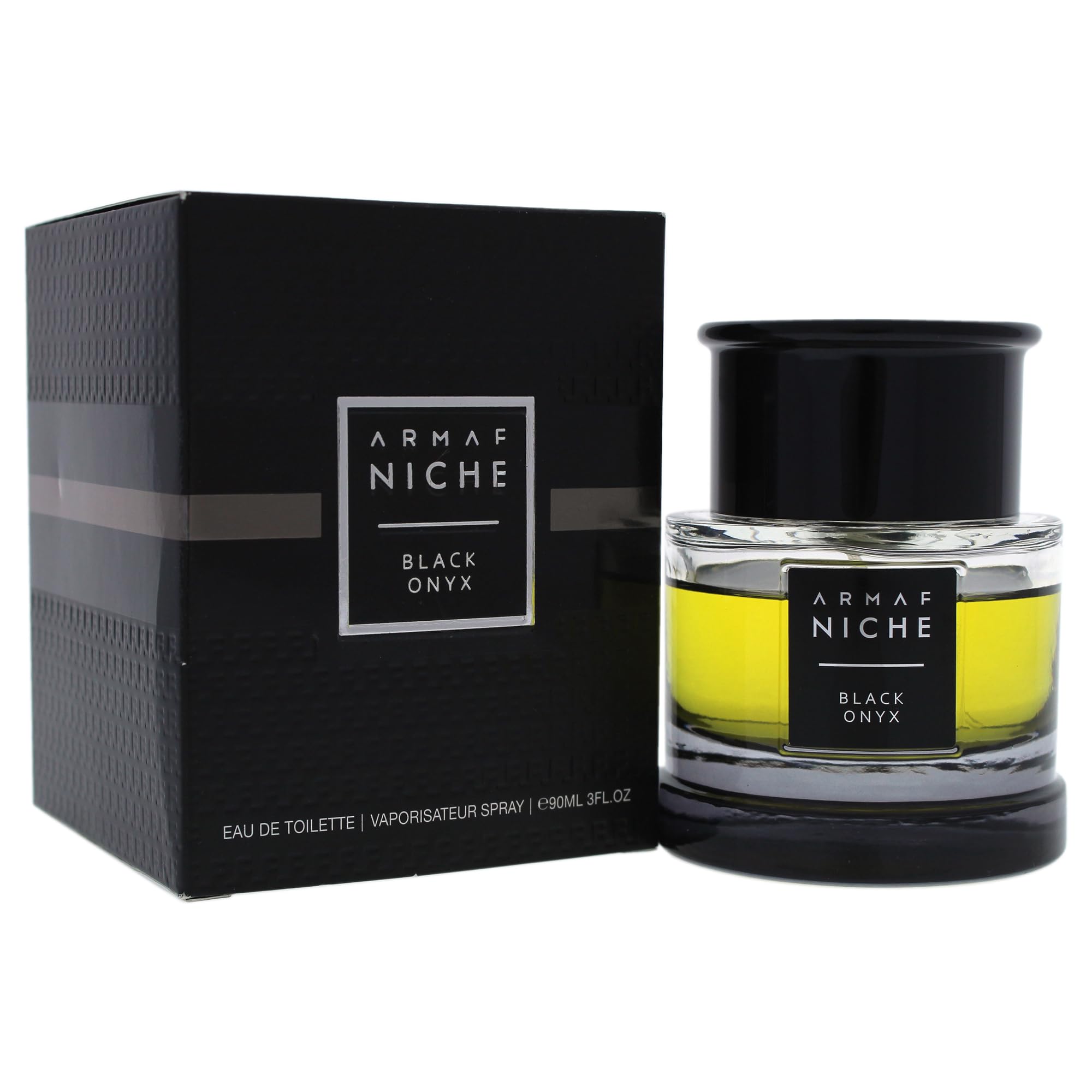 Armaf Niche Black Onyx oud-heart highlights rich wood and resin for sophistication.