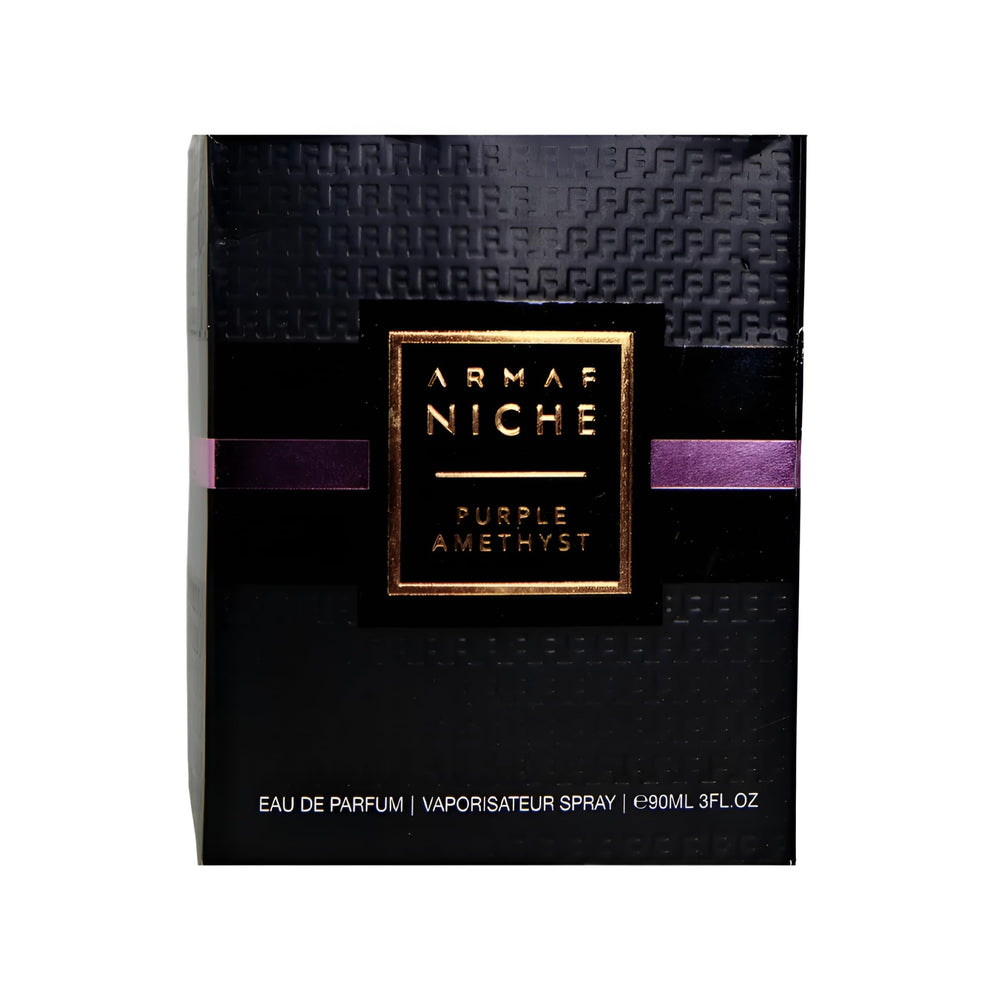 Armaf Niche Purple Amethyst cap detail hints at luxe fragrance experience.