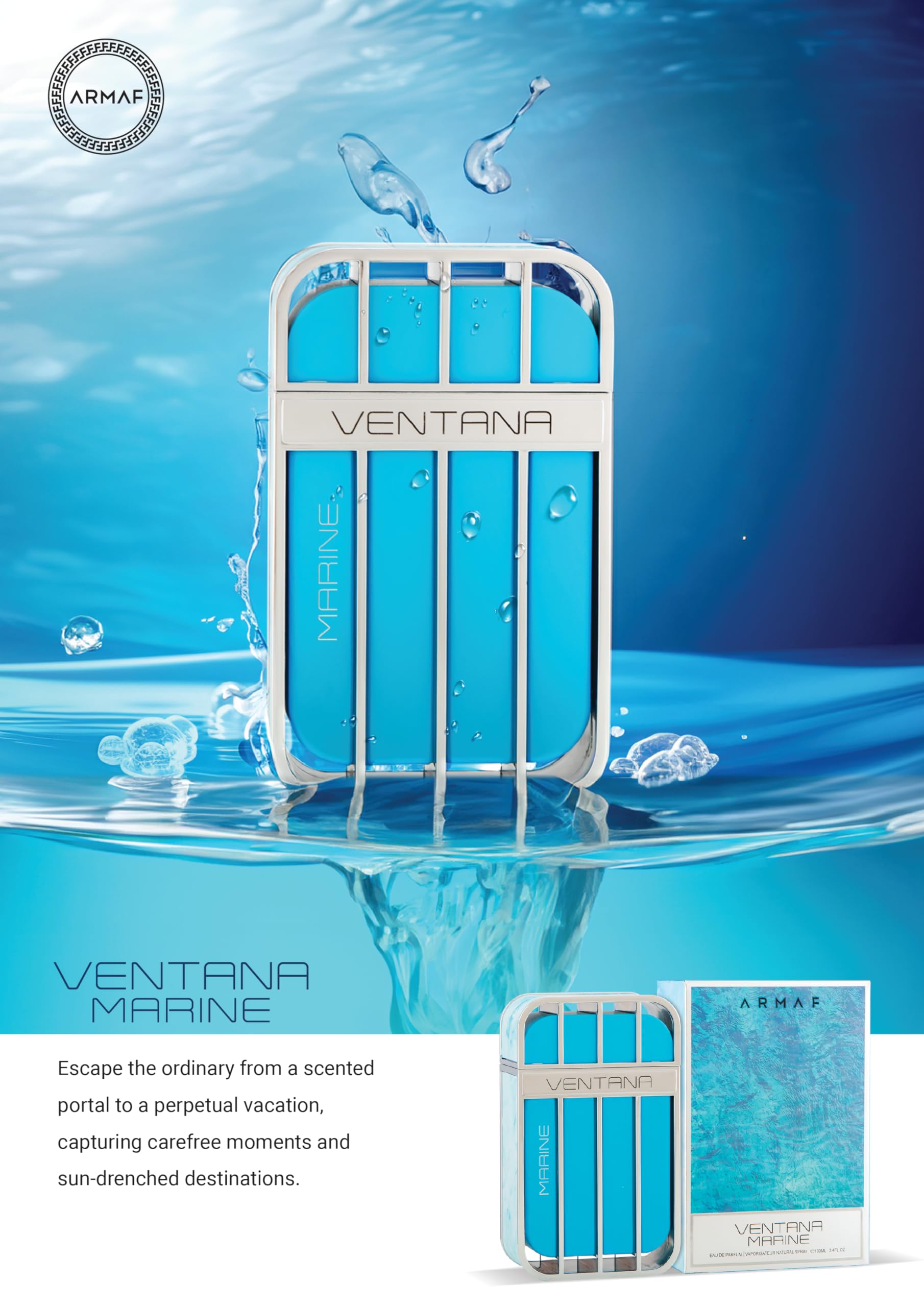 Armaf Ventana Marine flatlay highlights versatile scent for everyday use.