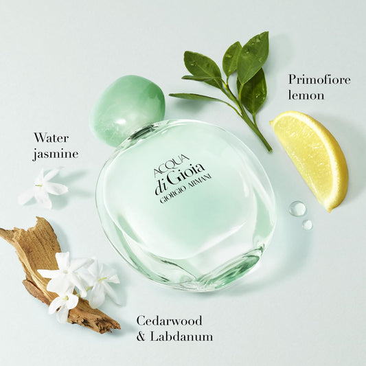 Armani Beauty Acqua di Gioia EDP bottle pour, reveals bright citrus and mint notes.