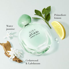 Armani Beauty Acqua di Gioia EDP bottle pour, reveals bright citrus and mint notes.