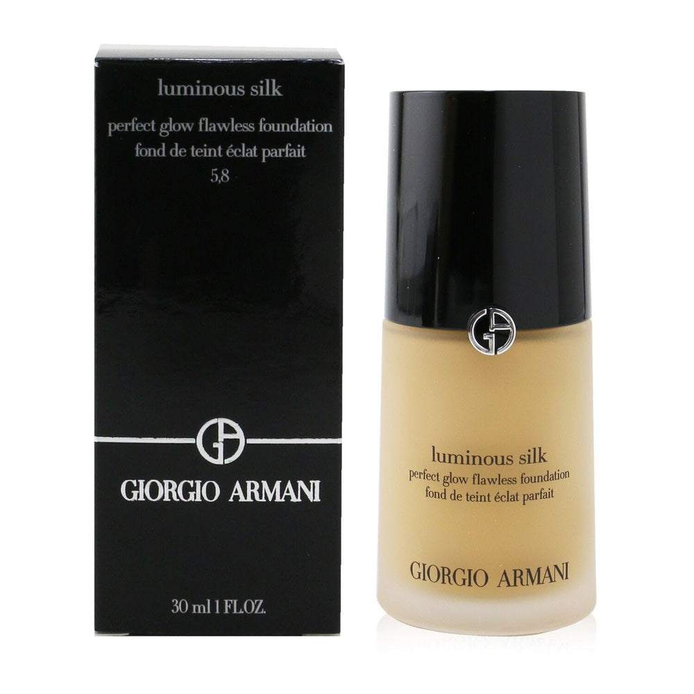 Armani Beauty Luminous Silk Foundation 5.75 packaging and glass bottle in soft light.