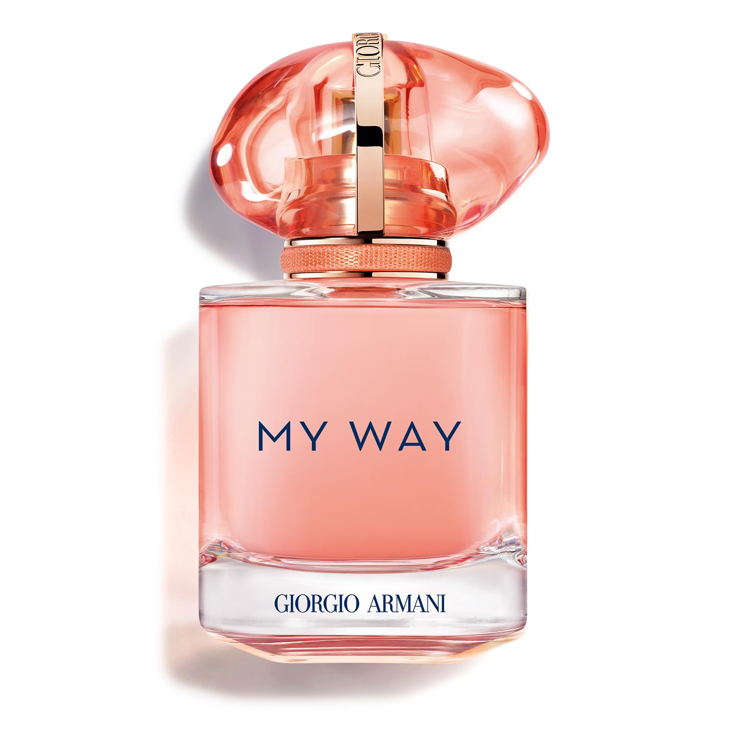 Armani Beauty My Way Ylang bottle front view with coral hue for a bright aura