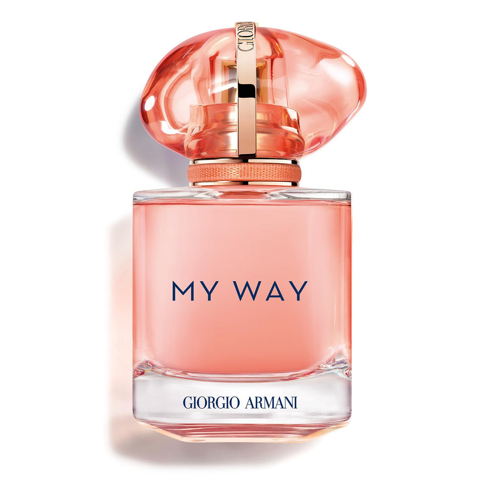 Armani Beauty My Way Ylang bottle front view with coral hue for a bright aura