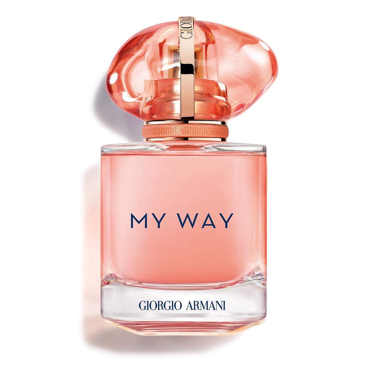 Armani Beauty My Way Ylang bottle front view with coral hue for a bright aura