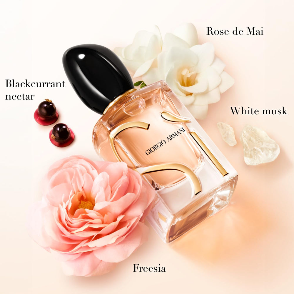 Armani Sì EDP bottle cap close-up highlights secure closure and premium detailing.