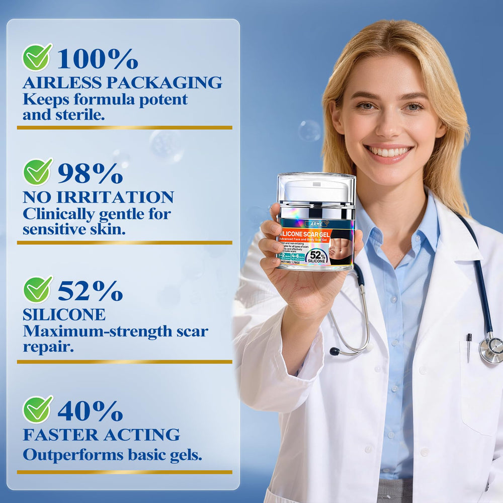 Arme Scar Gel highlighting non-greasy formula safe for facial use.