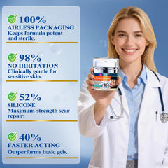 Arme Scar Gel highlighting non-greasy formula safe for facial use.