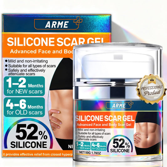 Arme Scar Gel in a hygienic pump bottle for daily scar care, including surgical scars.