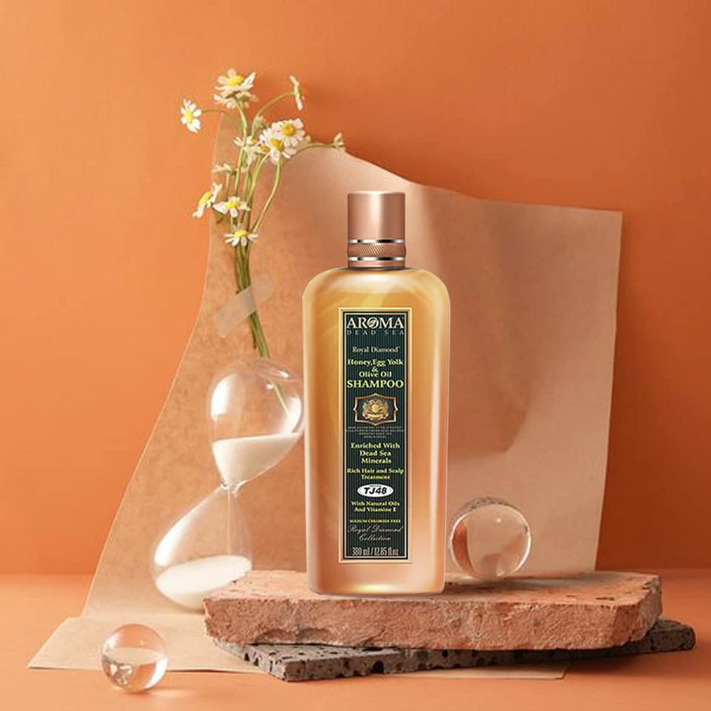 Egg yolk detail from AR0MA DEAD SEA shampoo highlighting nourishing benefits for hair