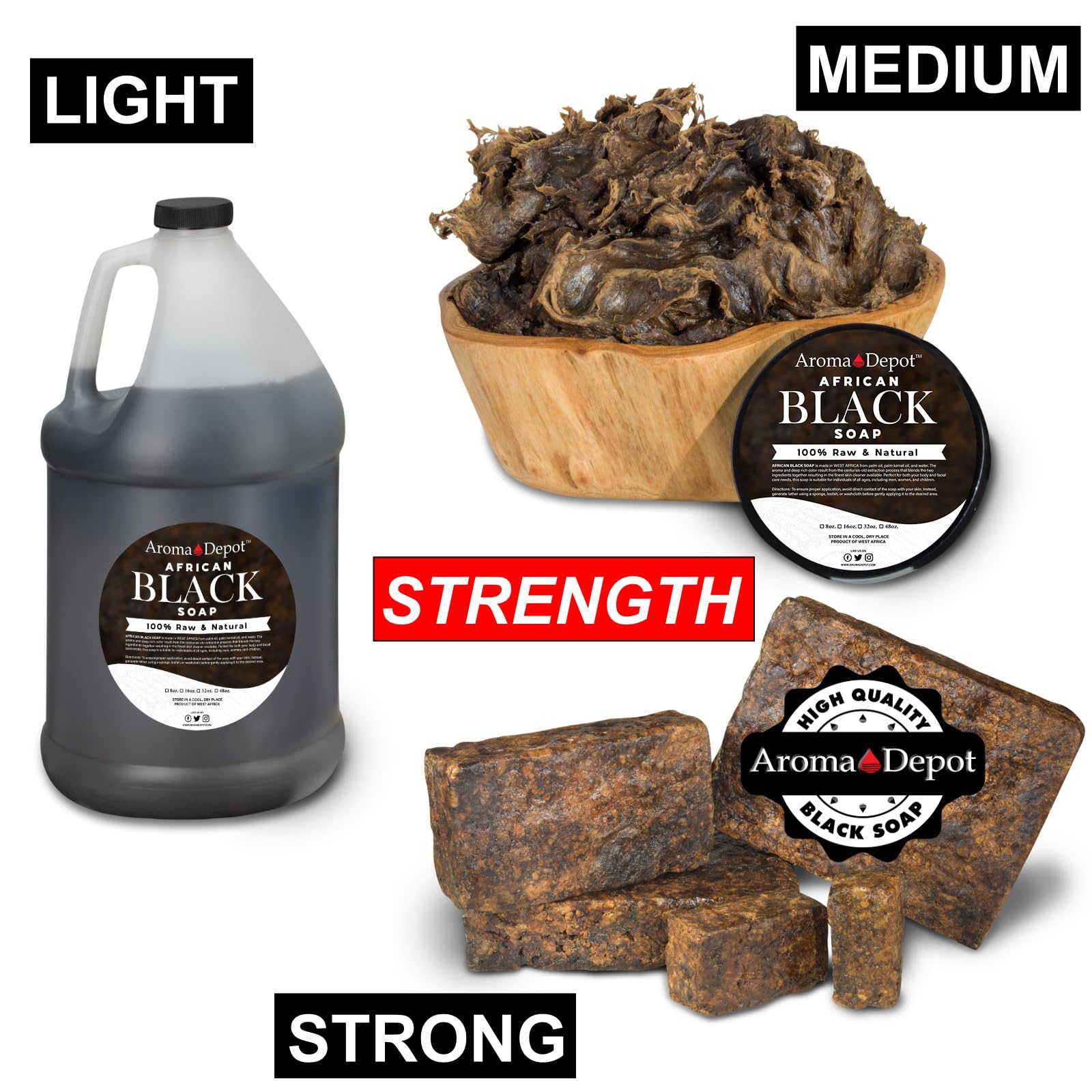 Bathroom scene with Aroma Depot Black Soap set up for everyday self care.