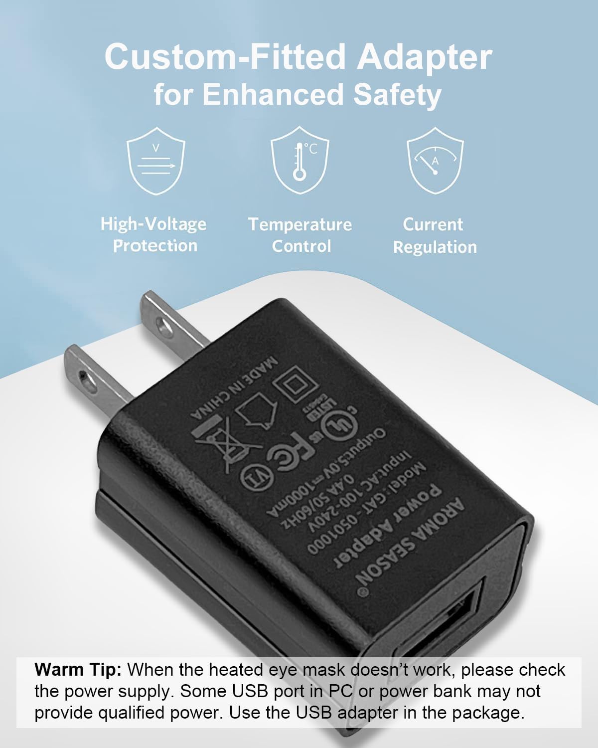 Aroma Season USB-powered eye mask connected to a power bank for portability.