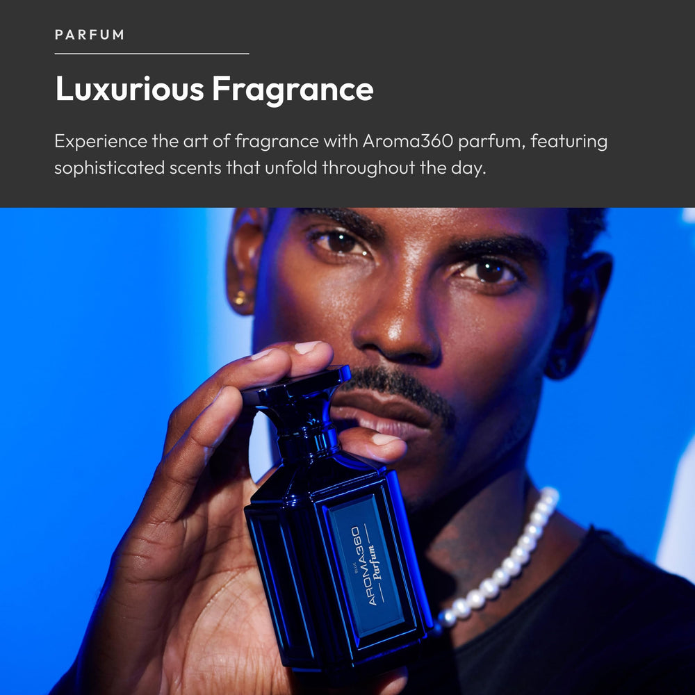 Aroma360 Parfum blue spray bottle for easy travel use.