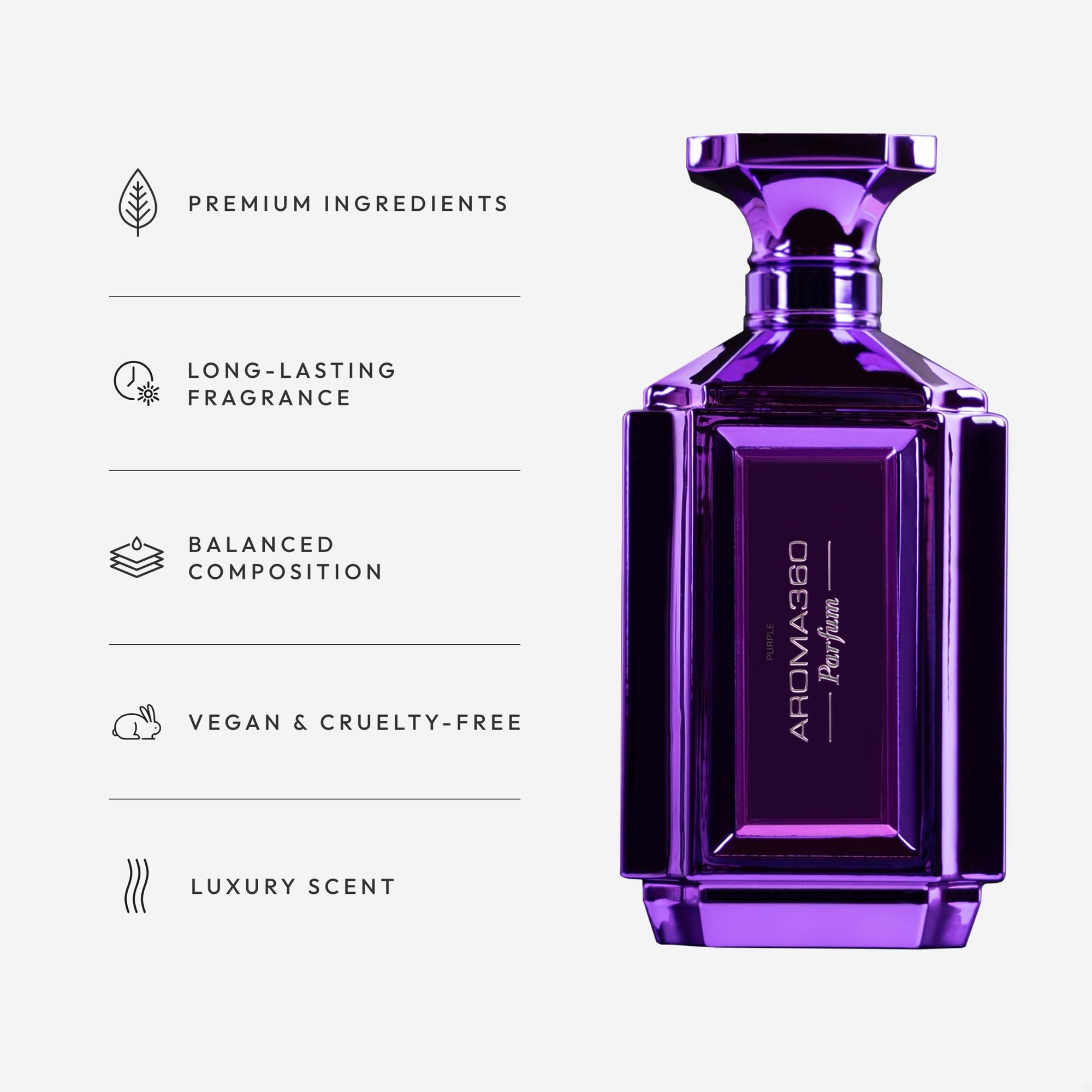 A closeup of the Aroma360 spray bottle highlighting luxury and extended wear.