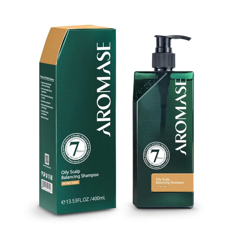 AROMASE oily scalp balancing shampoo bottle pour for balanced cleansing of oily scalp