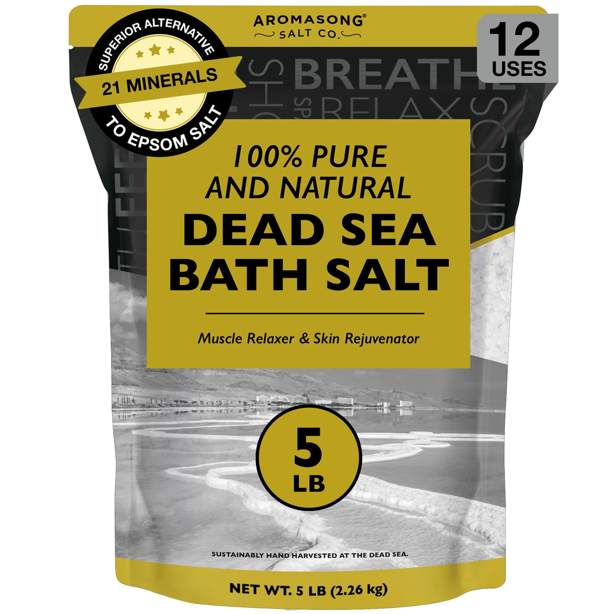 Aromasong Dead Sea Bath Salt in a bulk resealable pack for long-term use and relaxation.